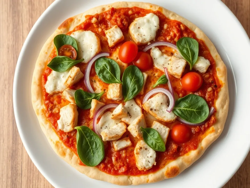 Pizza białkowa z kurczakiem, mozzarellą, szpinakiem i pomidorkami na złocistym, grubszym spodzie, widok z góry.