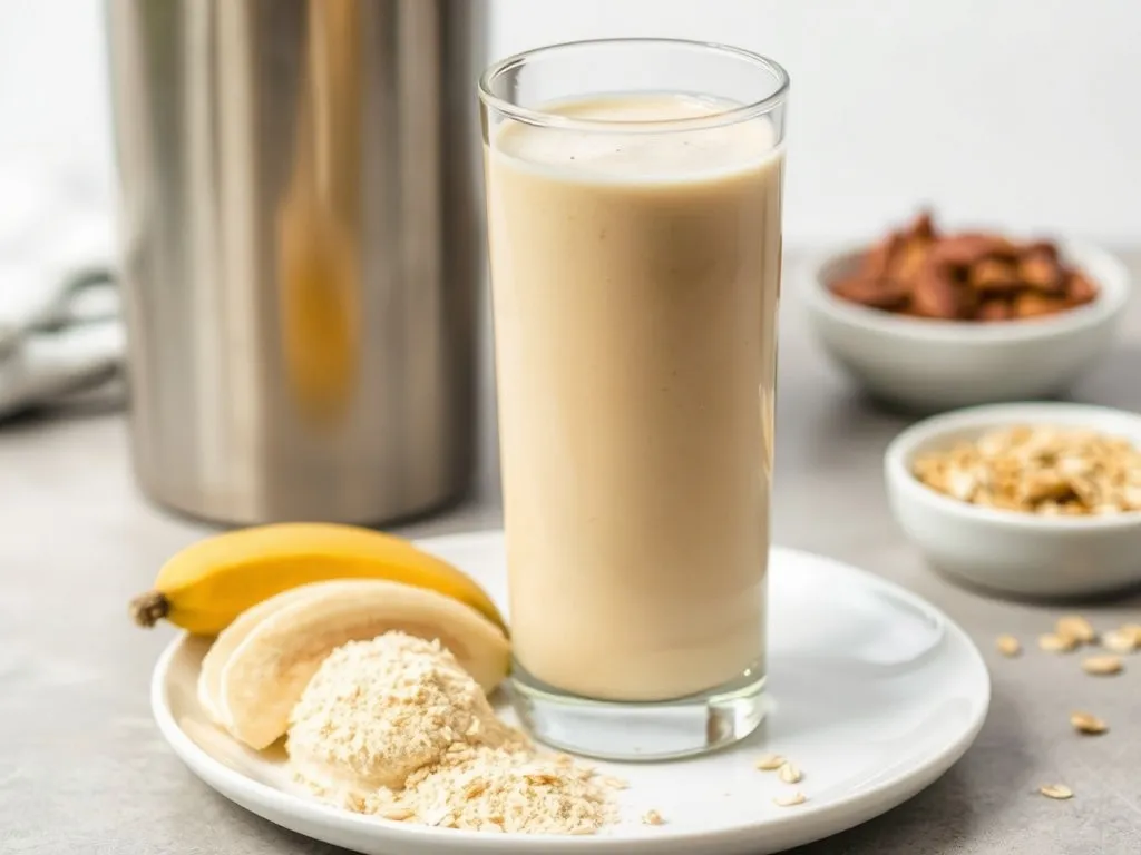 Szklanka kremowego shake’a białkowego z bananem, odżywką waniliową, płatkami owsianymi i orzechami w tle.