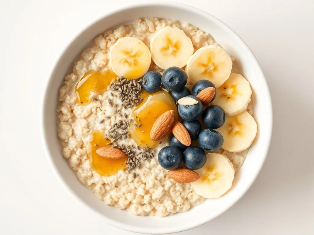 Miseczka kremowej, wysokobiałkowej owsianki z bananem, jagodami, chia, migdałami i miodem, podana na śniadanie.