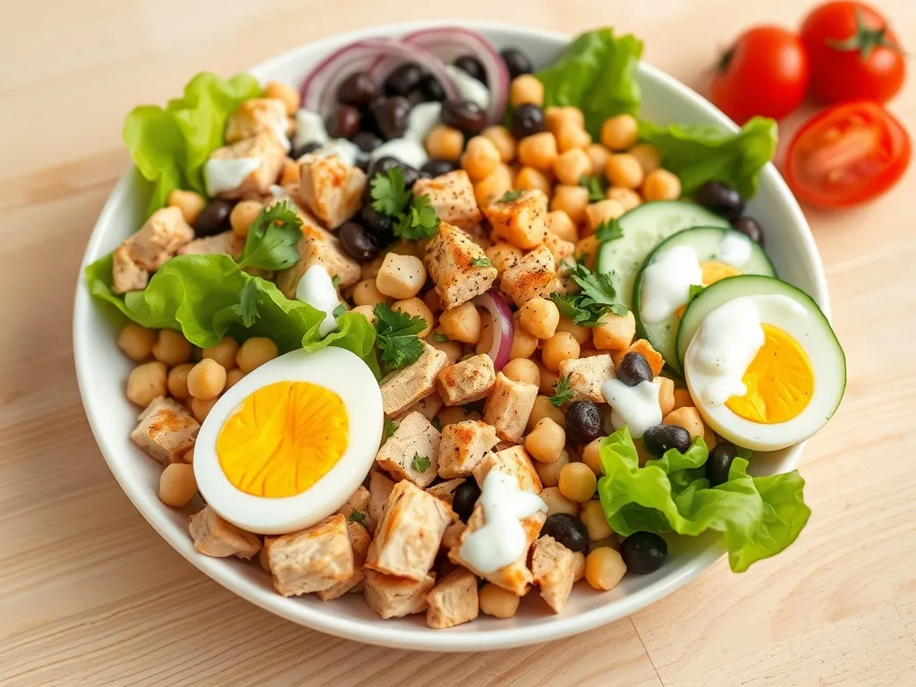 Sałatka białkowa z kurczakiem, jajkiem, strączkami i warzywami, polana sosem jogurtowym, podana na jasnym stole