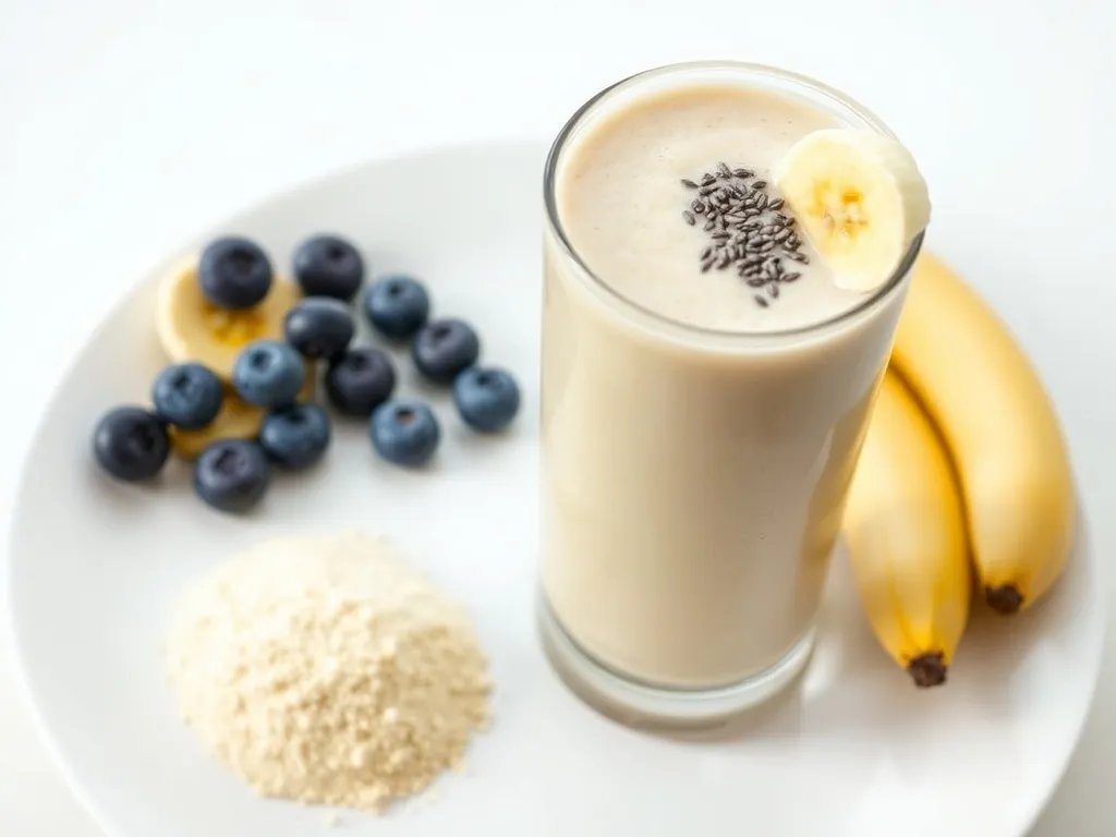 Wysokobiałkowy koktajl bananowy z jagodami, chia i odżywką białkową, podany w szklance jako pomysł na zdrowy przepis