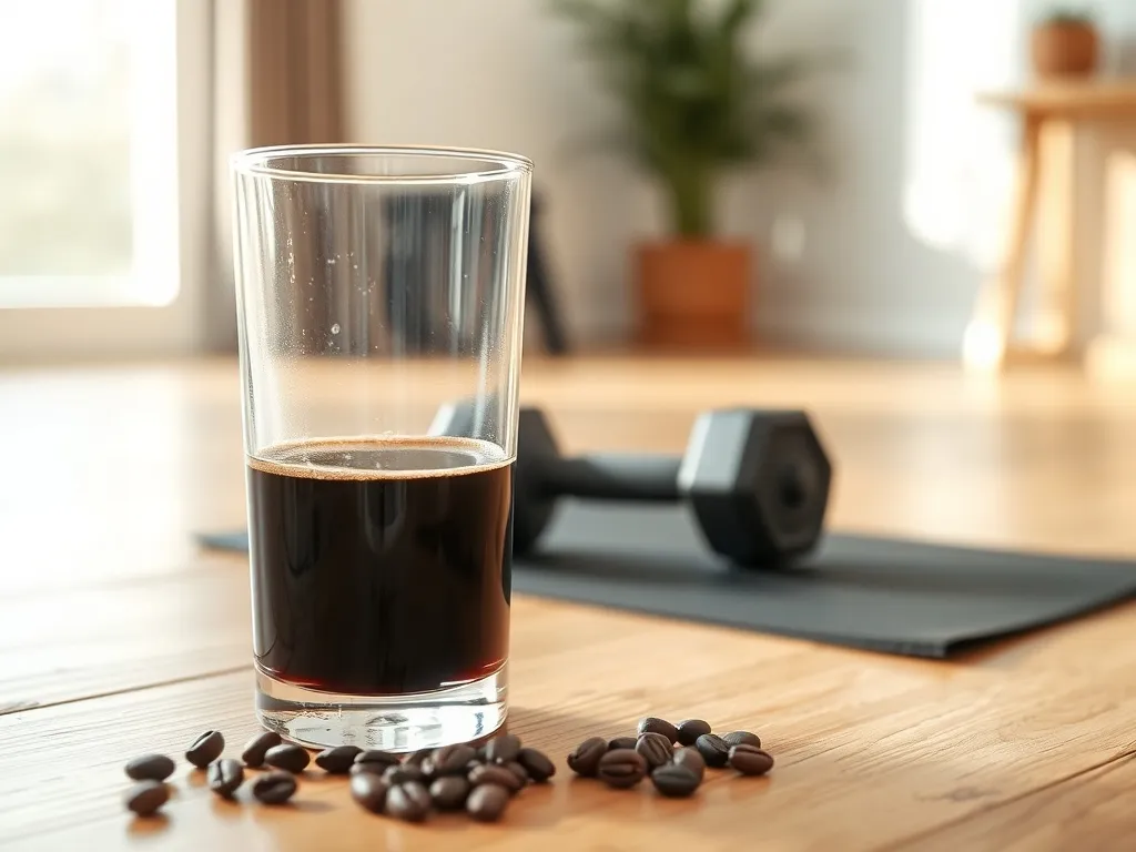 Szklanka czarnej kawy i ziarna na stole w domowej siłowni, w tle hantle i mata, podkreślenie roli kofeiny przed treningiem