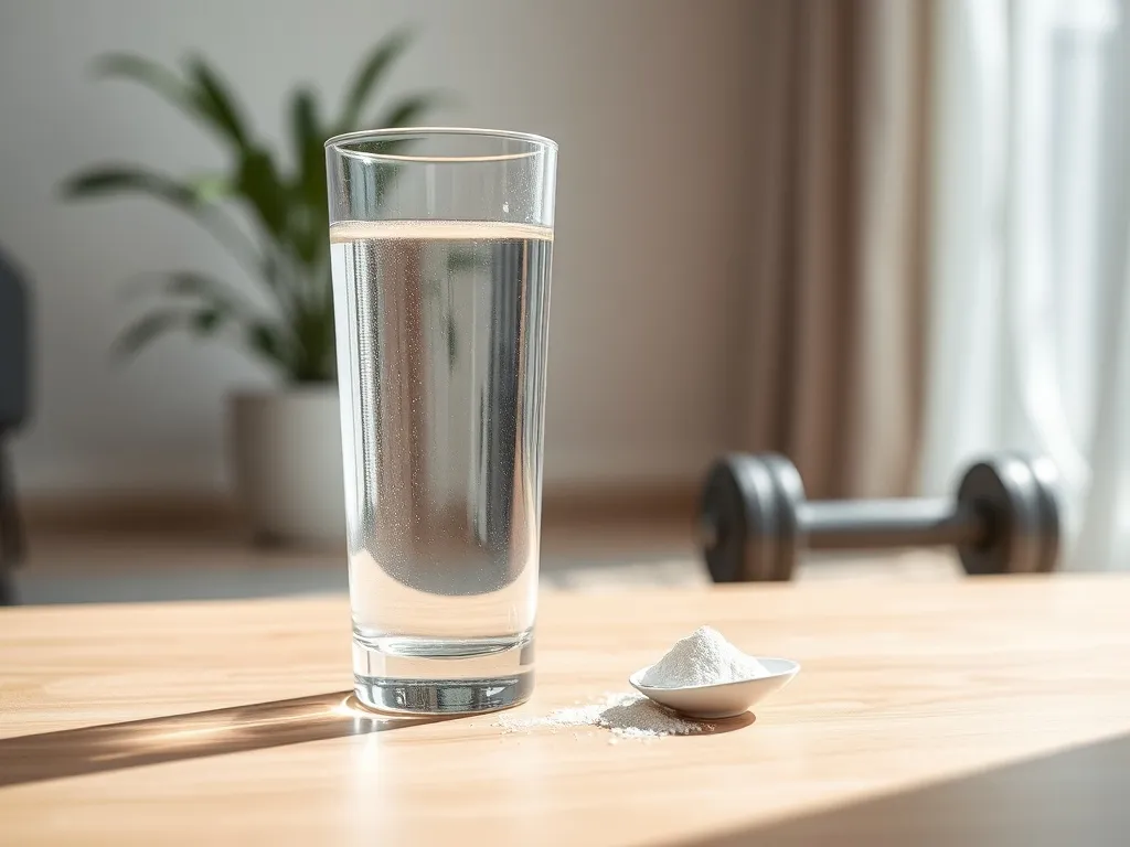 Szklanka wody i łyżeczka kreatyny na stole, w tle roślina i hantel, podkreślające zdrowy styl życia i suplementację.