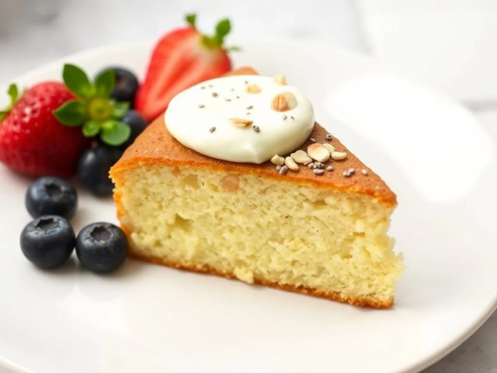 Kawałek puszystego, wysokobiałkowego ciasta z kremem jogurtowym, migdałami, chia oraz świeżymi jagodami i truskawkami.