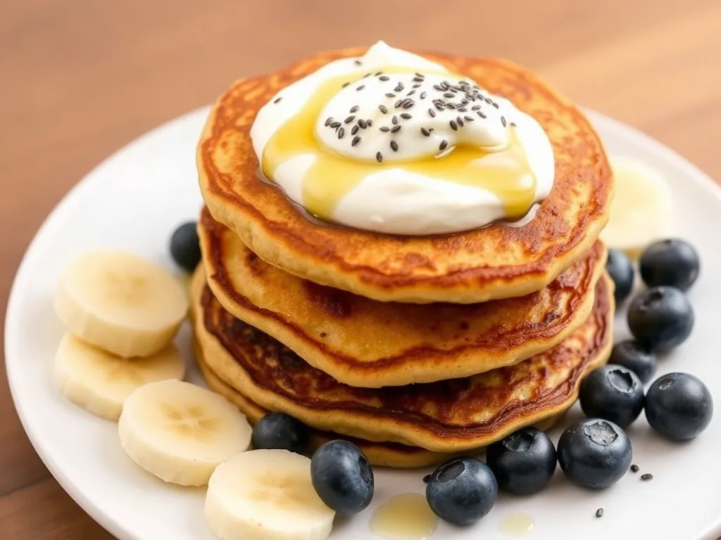 Stos placków wysokobiałkowych z jogurtem, miodem, bananem, borówkami i chia jako apetyczna propozycja śniadaniowa