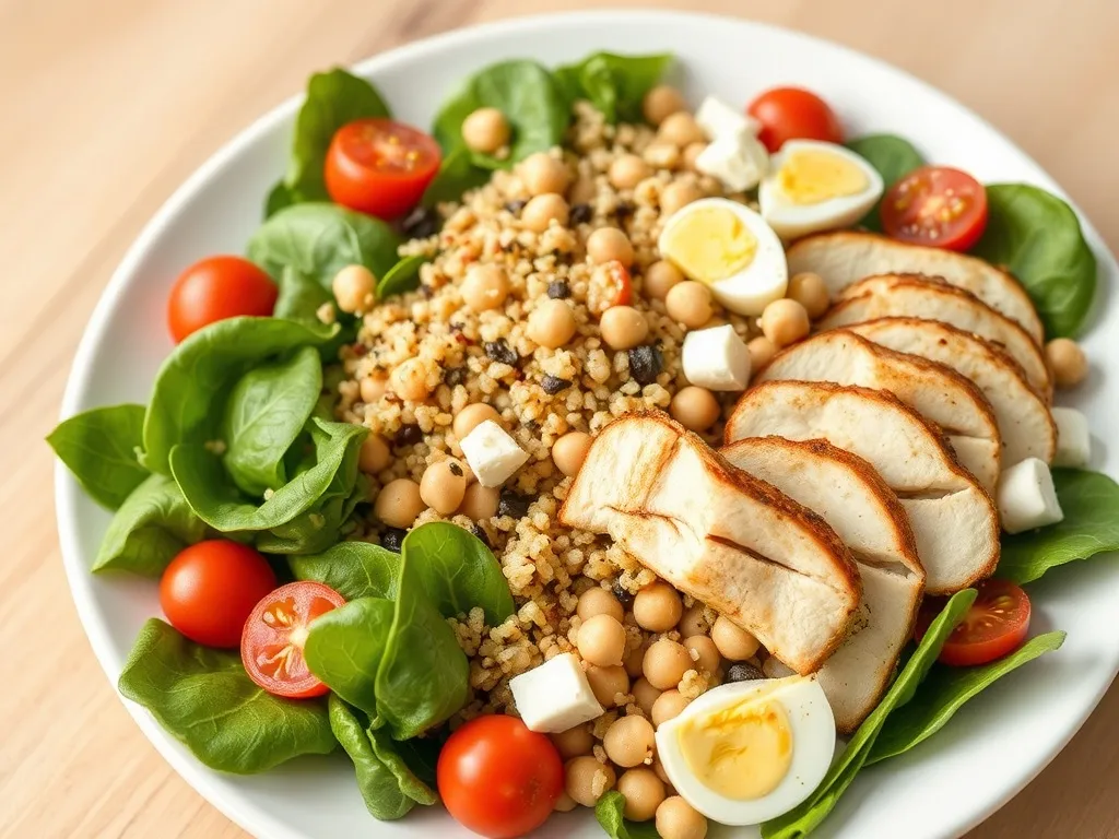 Kolorowa sałatka wysokobiałkowa z kurczakiem, komosą, jajkiem, ciecierzycą i fetą, podana na liściach sałaty ze świeżymi warzywami.