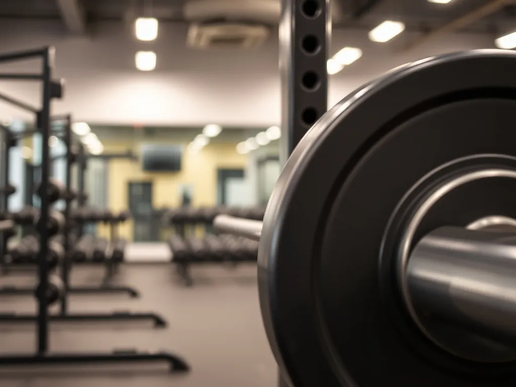 Standardowy gryf sztangi na stojaku w nowoczesnej siłowni, ukazujący dyski i metalowy pręt w jasnym, czystym wnętrzu.