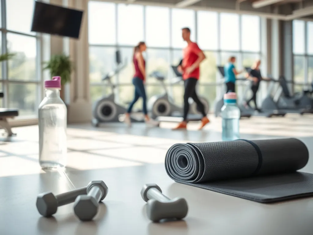 Nastolatek ćwiczący z trenerem na siłowni, w tle nowoczesny sprzęt, z przodu hantle, mata i bidon na podłodze.
