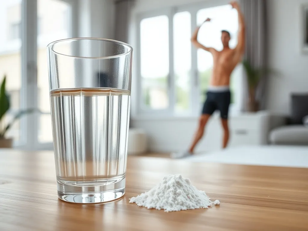 Szklanka wody i miarka kreatyny na stole, w tle wysportowana osoba rozciąga się w jasnym, domowym wnętrzu.
