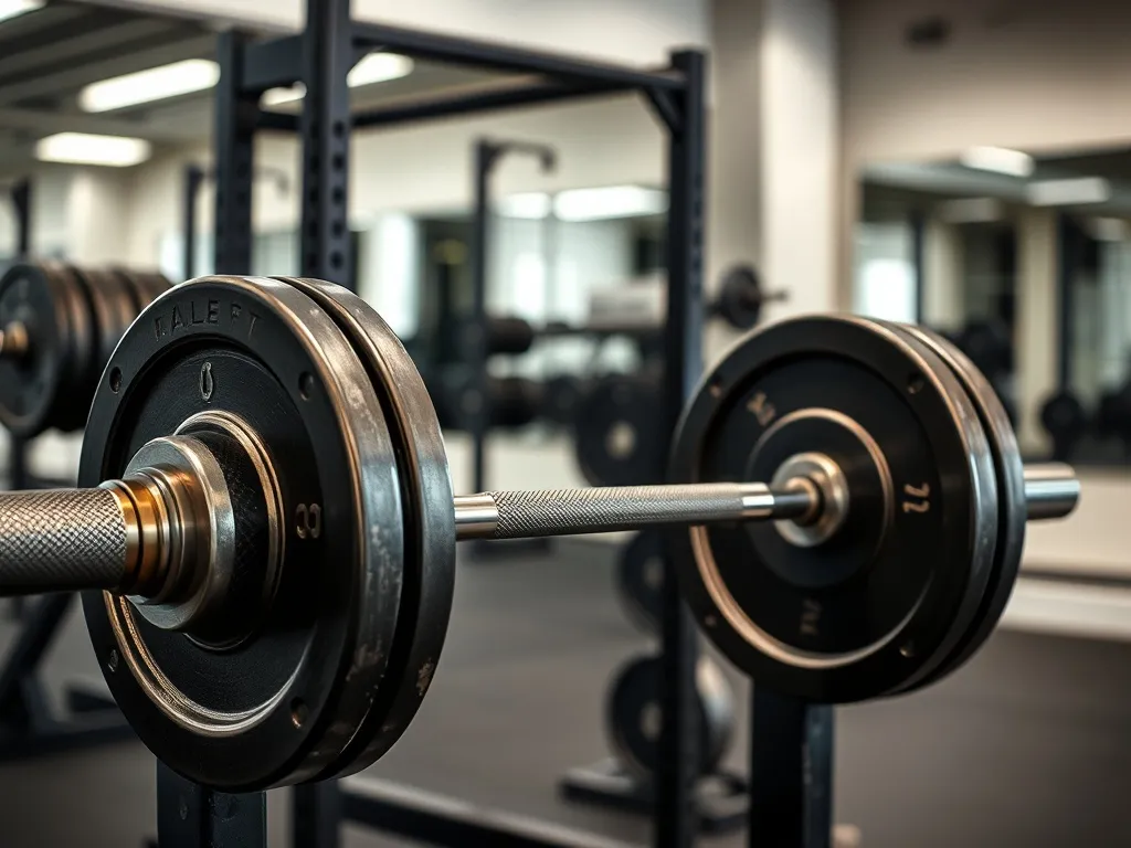 Zbliżenie załadowanej sztangi olimpijskiej na stojaku w nowoczesnej siłowni, podkreślające talerze i gryf.