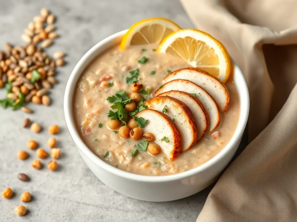 Miska kremowej, wysokobiałkowej zupy z fasoli i soczewicy z kurczakiem, ziołami i cytryną jako propozycja sycącego obiadu