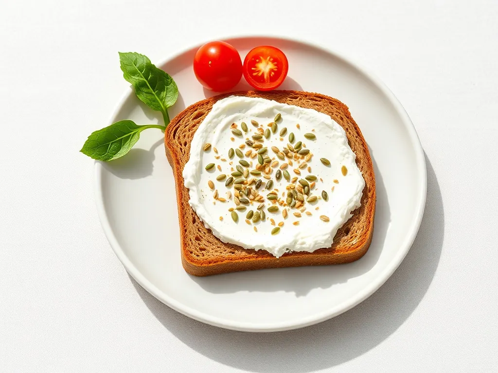 Kromka wysokobiałkowego chleba z twarożkiem i pestkami, podana ze szpinakiem i pomidorkami jako zdrowa propozycja śniadania.