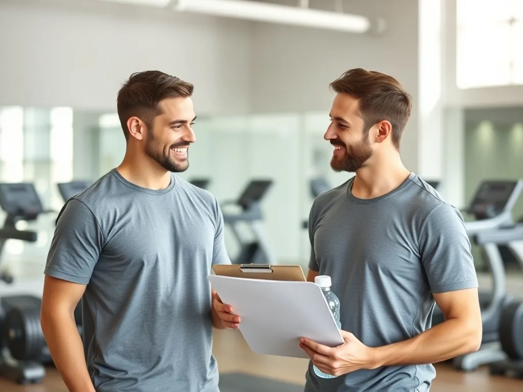 Trener personalny omawia plan treningowy z klientem w nowoczesnej siłowni, przyjazna atmosfera i profesjonalne wsparcie.