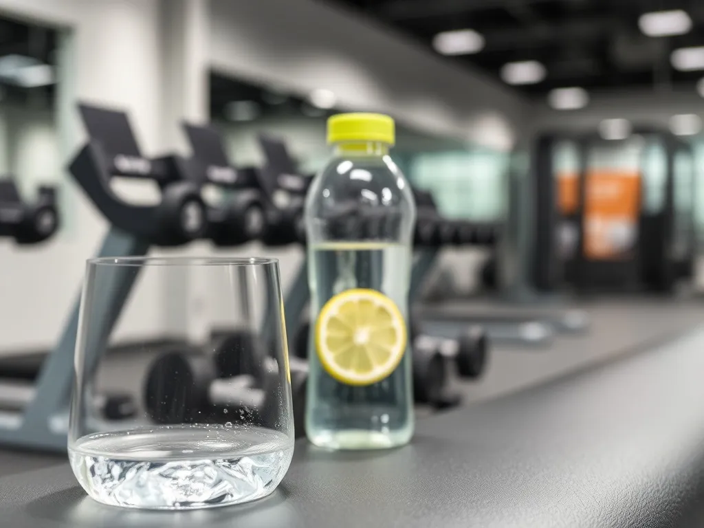 Butelka wody z cytryną stojąca na ławce w siłowni, w tle rozmazone hantle i maszyny do ćwiczeń.