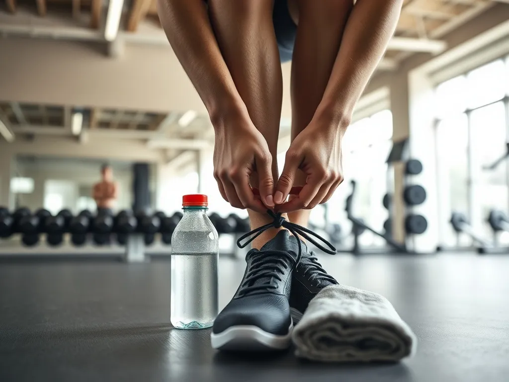 Osoba na siłowni wiąże buty treningowe obok ręcznika i wody, gotowa do regularnych ćwiczeń w nowoczesnej sali fitness