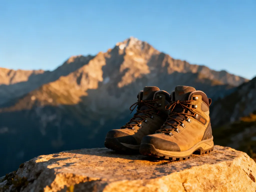 Profesjonalne buty trekkingowe na skale z widokiem na góry w świetle zachodzącego słońca, zachęcające do górskich wypraw.
