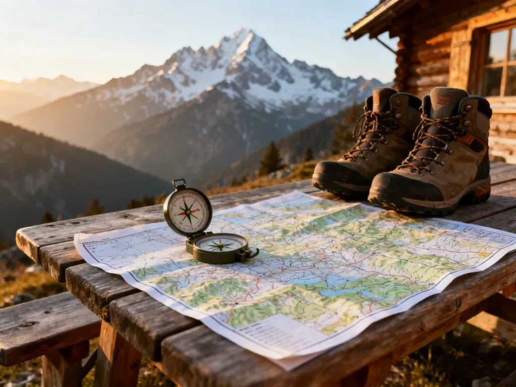 Mapa topograficzna, kompas i buty trekkingowe na drewnianym stole w górskim schronisku z widokiem na ośnieżone szczyty.