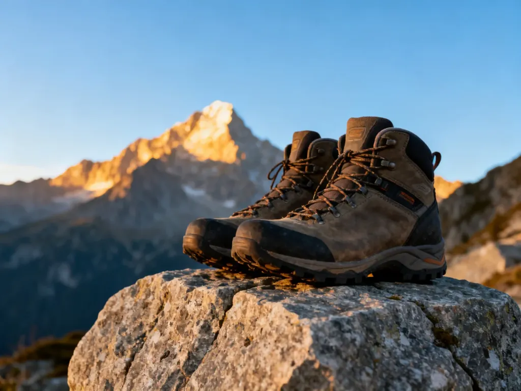 Profesjonalne buty trekkingowe na granitowej skale z górskim krajobrazem w tle, symbolizujące przygotowanie do wyprawy.