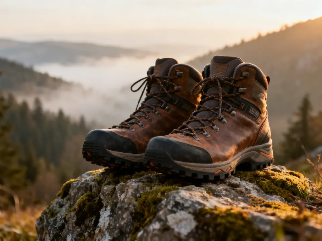Profesjonalne buty trekkingowe na mszystej skale w górskiej scenerii podczas złotej godziny.