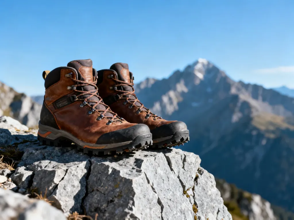 Profesjonalne buty trekkingowe na granitowej skale w wysokich górach, podkreślające trwałość i przyczepność obuwia.