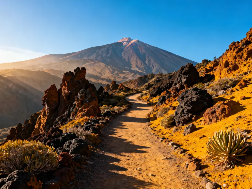 Panoramiczny widok na wulkaniczny szlak na Teneryfie z majestatycznym szczytem Teide w tle.