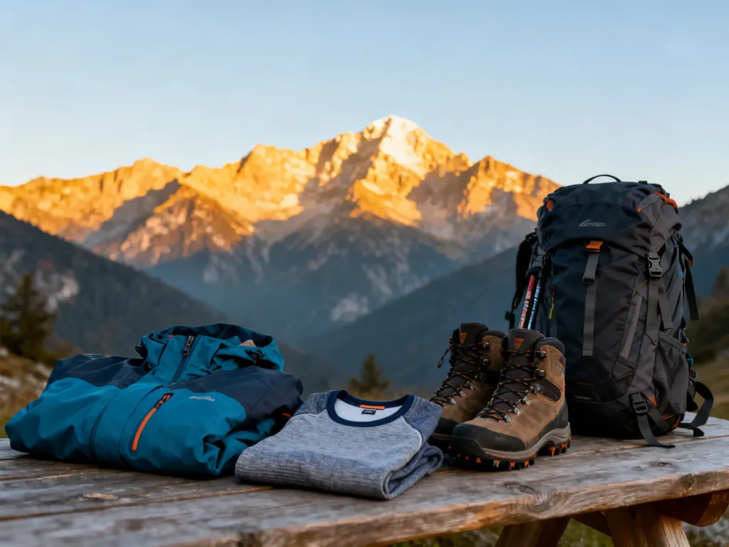 Profesjonalny sprzęt trekkingowy przygotowany na wyprawę w góry na tle malowniczego, oświetlonego słońcem pasma górskiego.