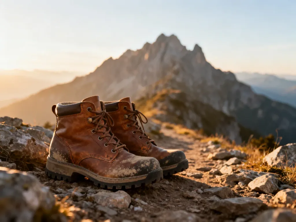 Damskie buty trekkingowe na kamienistym szlaku z widokiem na górskie szczyty w świetle poranka.
