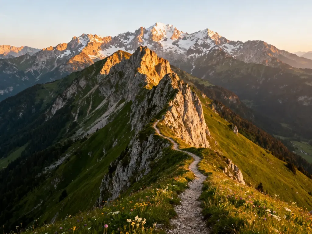 Panoramiczny widok na ośnieżone szczyty Alp Julijskich i malowniczy górski szlak wśród kwitnących alpejskich łąk.