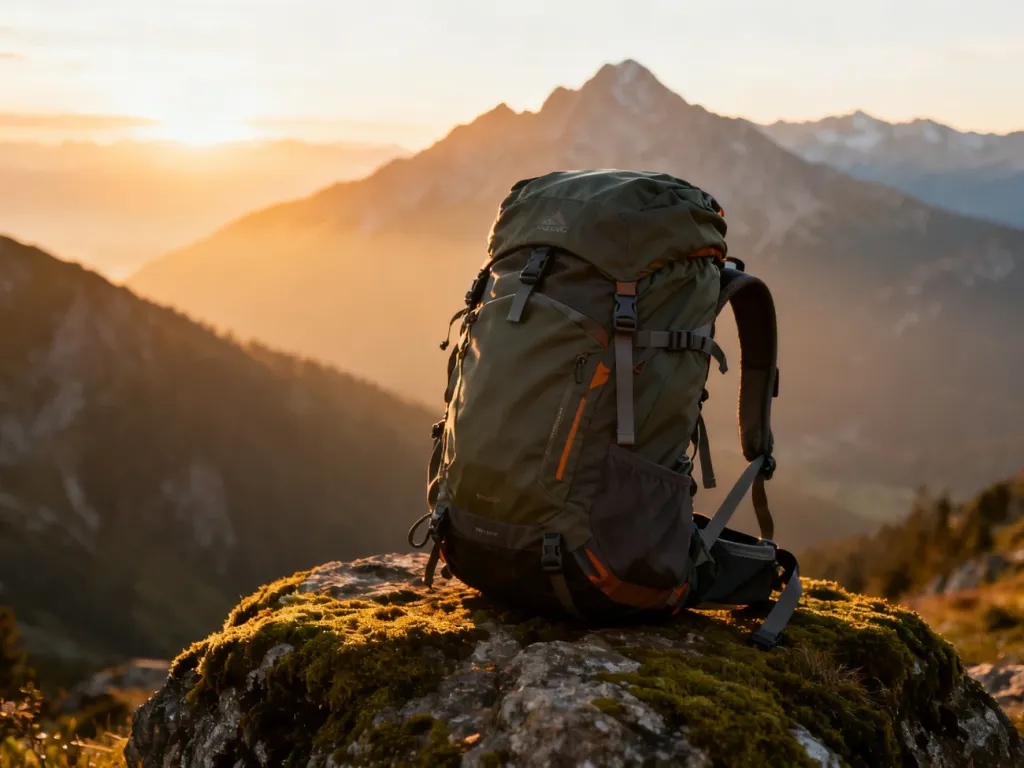 Wysokiej jakości plecak trekkingowy na mszystej skale na tle górskiego krajobrazu o wschodzie słońca.