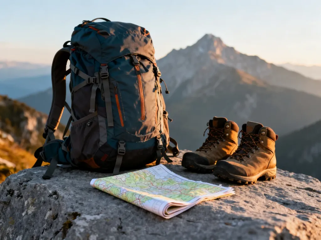 Plecak trekkingowy, buty górskie i mapa rozłożone na skale na tle malowniczego pasma górskiego w świetle poranka.