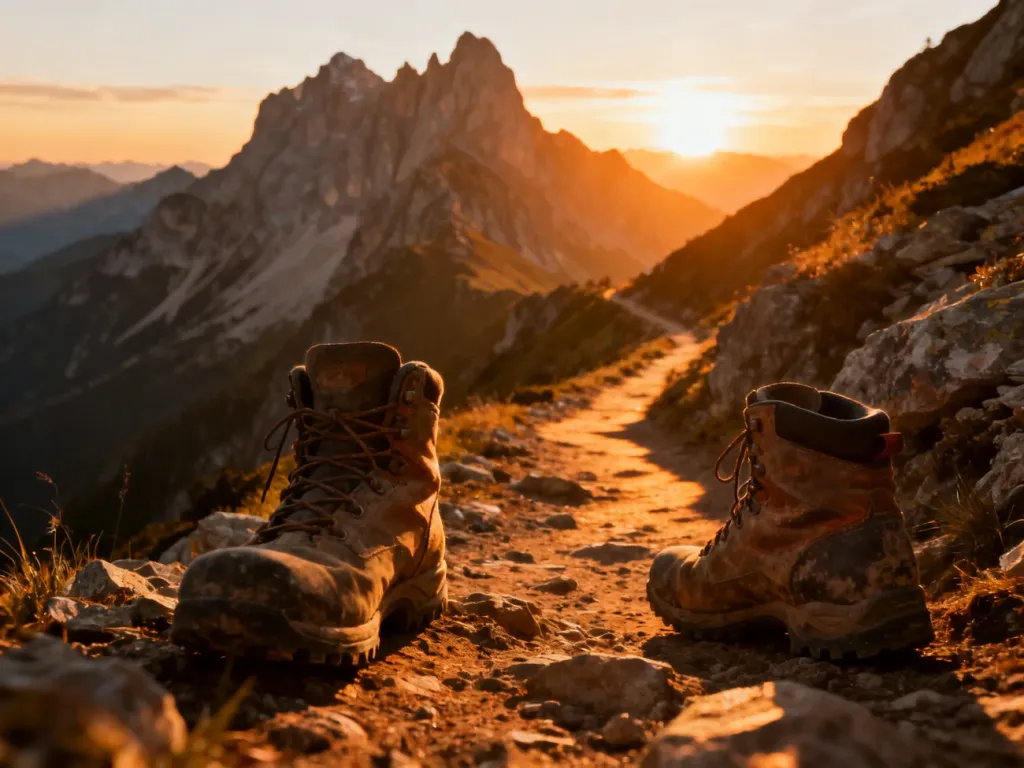 Zużyte buty trekkingowe na kamienistym szlaku z widokiem na górskie pasmo o zachodzie słońca.